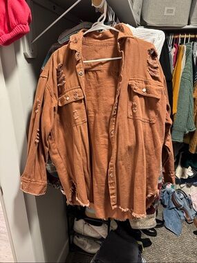 Distressed Oversized Button-Up Shacket in Rust